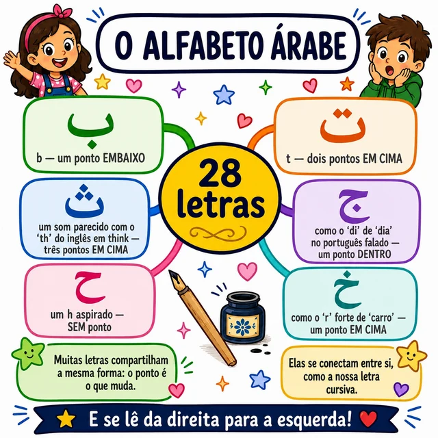 Mapa mental: o alfabeto árabe, 28 letras